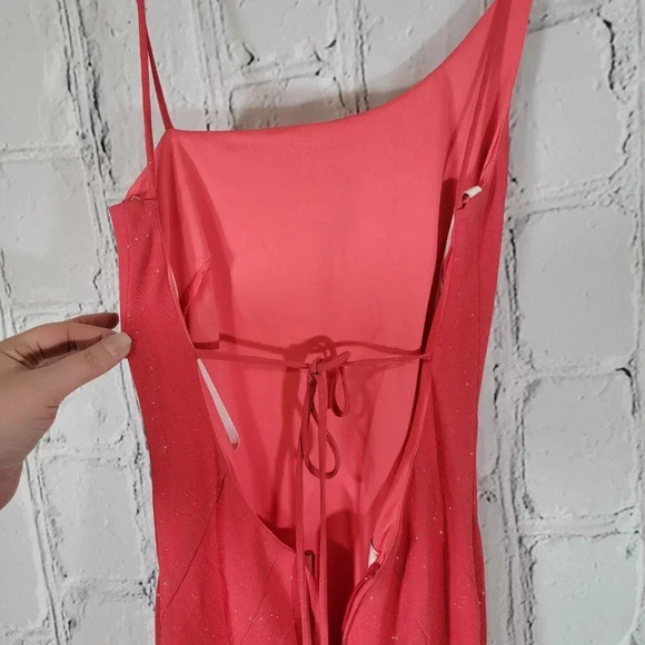 Masquerade Juniors 9/10 Coral Asymetrical‎ Hi Low Sparkle Spaghetti Strap Dress - Picture 7 of 9